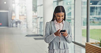 Buy stock photo Phone, communication and businesswoman in office for contact, email or networking on app. Happy, cellphone and financial manager with notification for research, negotiation or investment in workplace