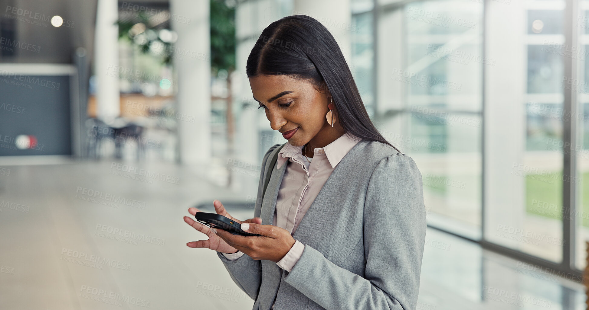Buy stock photo Cellphone, communication and businesswoman in office for contact, email or networking on app. Smile, phone and financial manager with notification for research, negotiation or investment in workplace