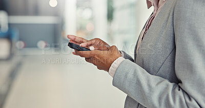 Buy stock photo Business, hands and woman in office, smartphone and typing with internet, social media and email. Closeup, person and employee in workplace, cellphone and digital app for communication or online chat
