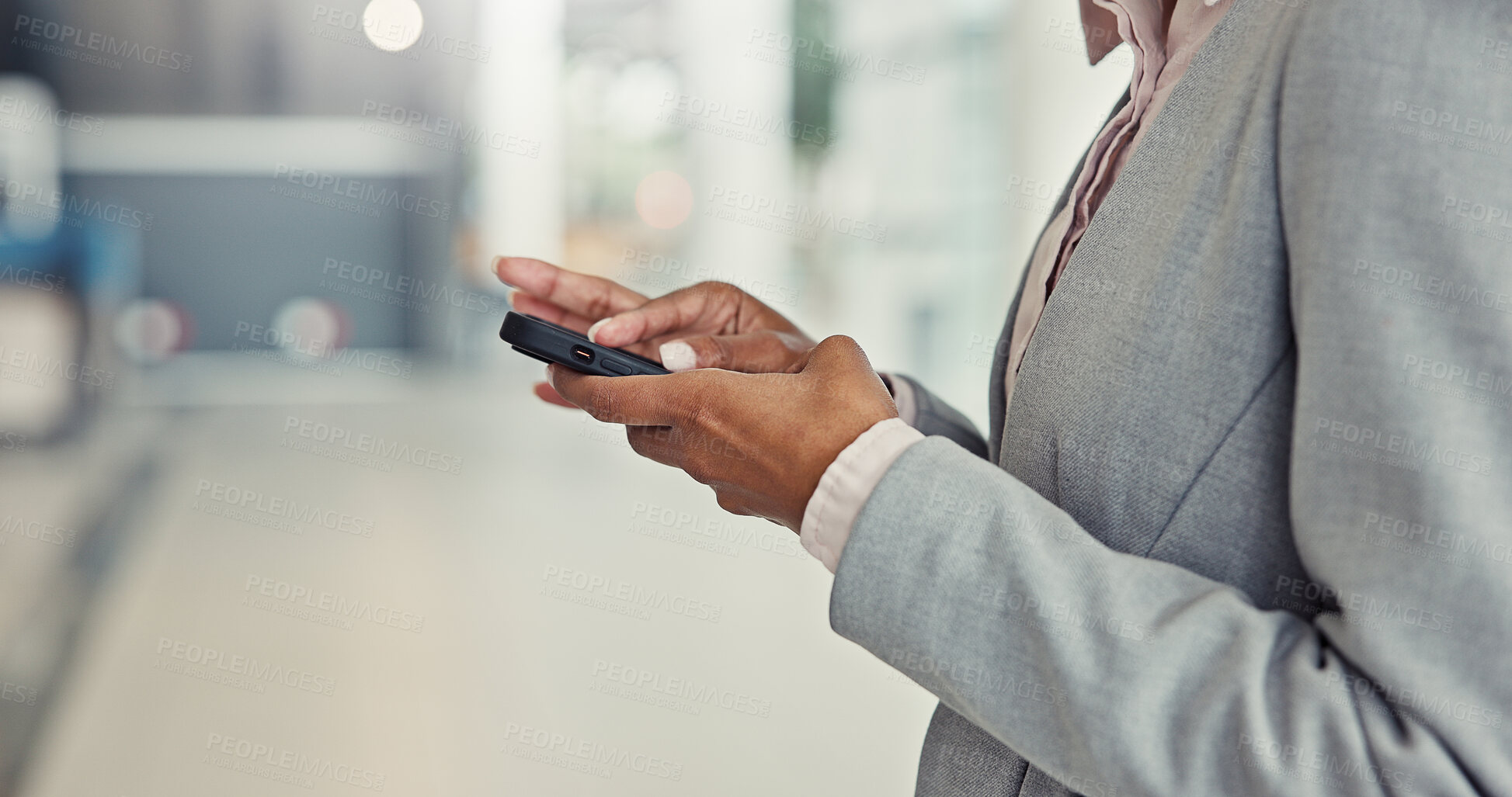 Buy stock photo Business, hands and woman in office, smartphone and typing with internet, social media and email. Closeup, person and employee in workplace, cellphone and digital app for communication or online chat