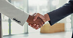 Business people, meeting and handshake with greeting for interview, partnership or agreement. Closeup, employees or colleagues shaking hands with introduction for deal, thank you or hiring at office