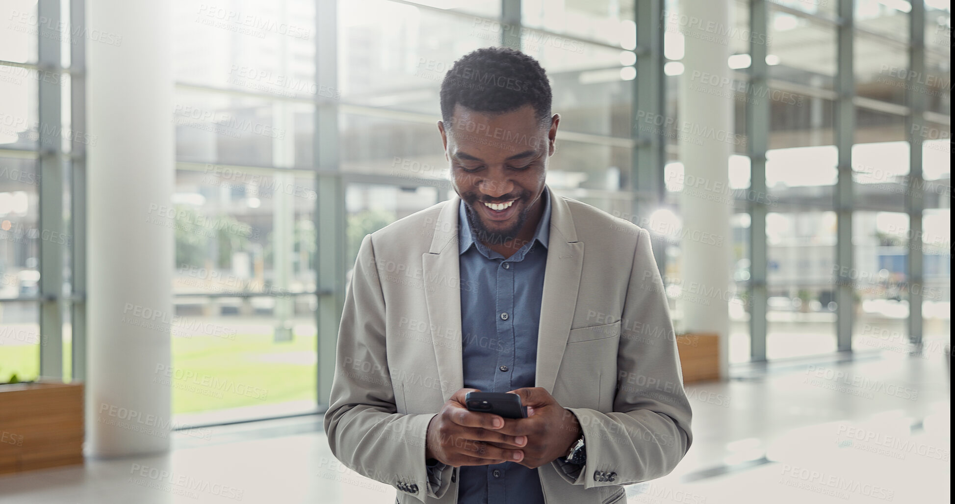 Buy stock photo Phone, communication and black man in office for contact, email or business networking on app. Happy, cellphone and African male financial manager with online negotiation for investment in workplace.