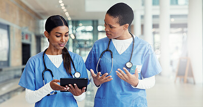 Buy stock photo Women, nurse and medical team with tablet for research discussion or healthcare development. Female people, employees or health workers with technology or conversation for telehealth app at hospital