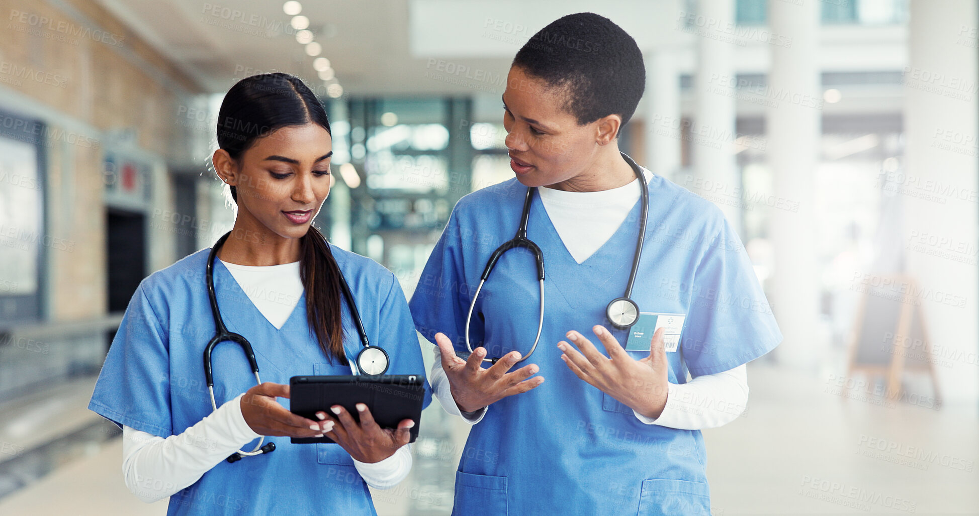 Buy stock photo Women, nurse and medical team with tablet for research discussion or healthcare development. Female people, employees or health workers with technology or conversation for telehealth app at hospital