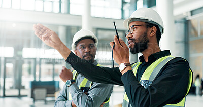 Buy stock photo Engineer, radio and team planning for construction project, maintenance or progress update. African men, architect and talking with tech for building inspection, office renovation and communication