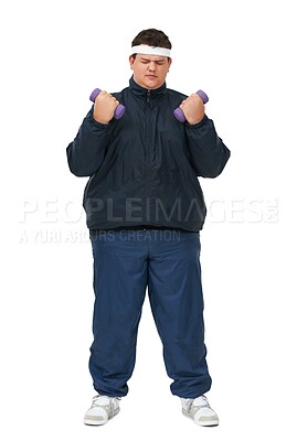 Buy stock photo Plus size, weight training and lift of man in a studio with exercise and training for diet goals. White background, smile and male model with healthy and wellness goals for overweight problem