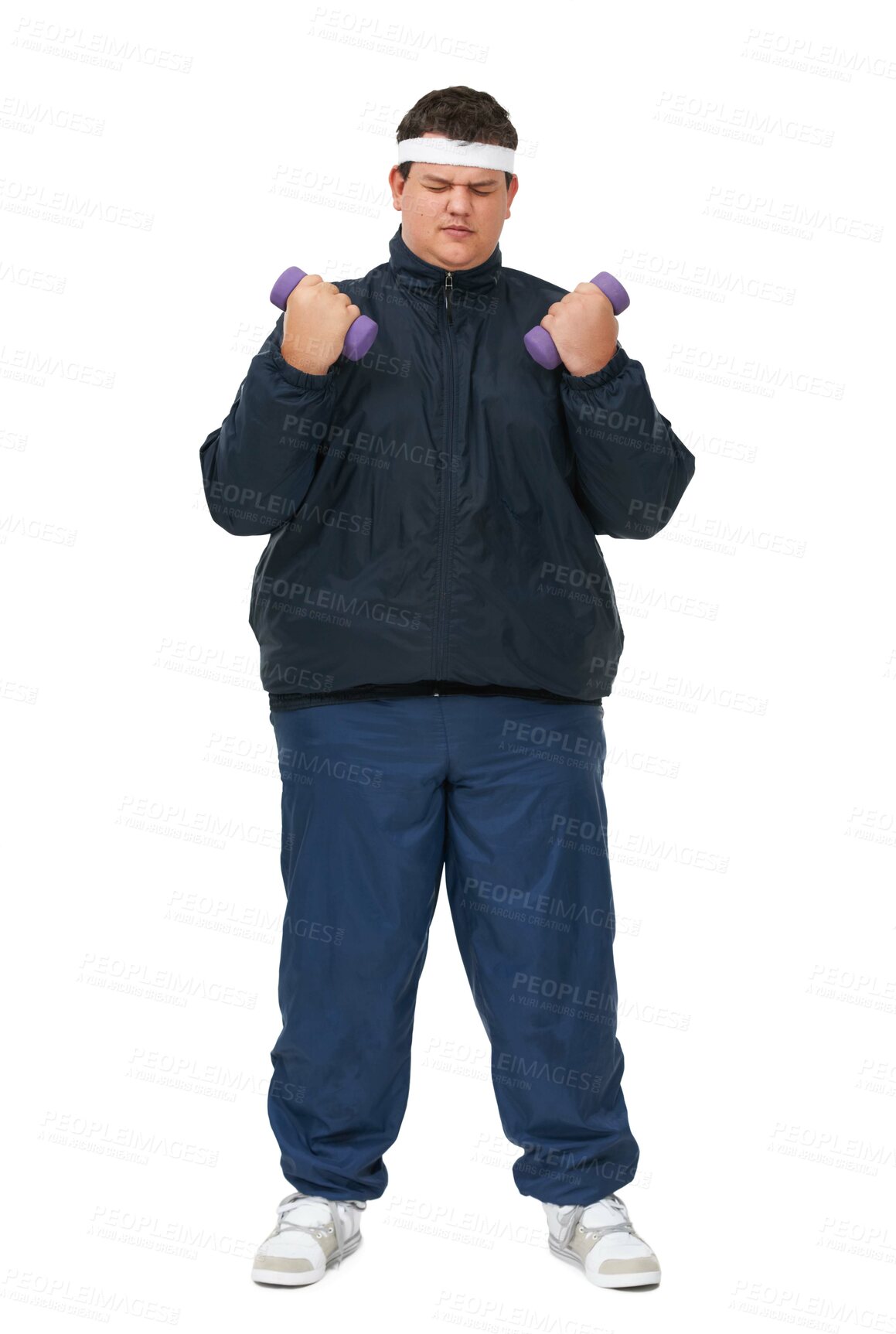 Buy stock photo Plus size, weight training and lift of man in a studio with exercise and training for diet goals. White background, smile and male model with healthy and wellness goals for overweight problem