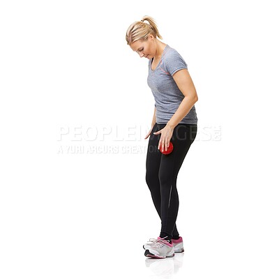 Buy stock photo Massage ball, woman and leg physio for fitness, workout and sport training injury in studio. Health, stretching and exercise equipment with female person bruise and wellness with white background
