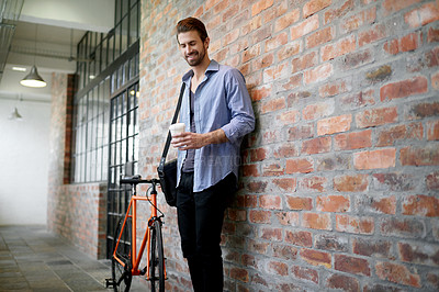Buy stock photo Business, man and coffee with smile for bicycle for sustainable travel, eco friendly and transport. Happy, male person and beverage with bike for commute, carbon footprint and environment wellness
