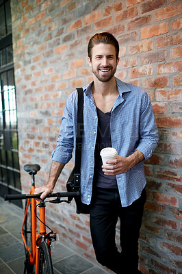 Buy stock photo Bicycle, coffee and portrait of business man for carbon footprint, sustainability and delivery rider. Eco friendly travel, cycling and journey with male employee for morning commute and courier