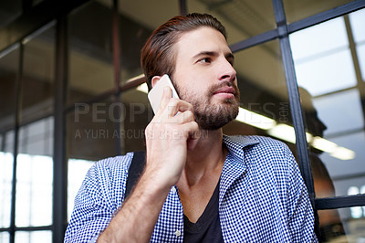 Buy stock photo Business man, listening and phone call in office building for transport booking, travel schedule and leaving work. Professional, person and smartphone at workplace for communication and ride location