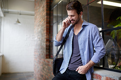 Buy stock photo Phone call, contact and businessman in office for communication, networking and negotiation. Happy, cellphone and male magazine editor on mobile discussion for publishing information in workplace.