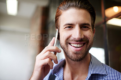 Buy stock photo Office, businessman and portrait with smile for phone call, listening and negotiation with contact. Workplace, male person and consultant with mobile for communication, startup deal and laughing