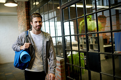 Buy stock photo Smile, man and walking with bag at gym for yoga class, fitness instructor and ready for training. Happy, male person and lobby with equipment for morning lesson, pilates membership and wellness start