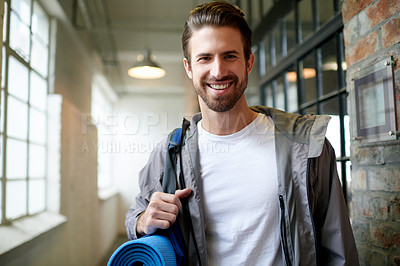 Buy stock photo Fitness, gym bag and portrait of man in hallway, smile and relax with wellness, membership or training. Happy person, gear and yoga mat in lobby, workout and cheerful with joy,  confidence and health