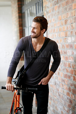 Buy stock photo Man, bicycle and eco friendly travel with smile outdoor, carbon footprint on commute and cycling. Person, happy and male cyclist with sustainable transport for journey, ride or urban commuter 