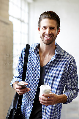 Buy stock photo Portrait, employee and man with coffee, office or excited for internship in marketing agency or smile. Hallway, happy and person with smartphone in morning, tea break or opportunity for career growth