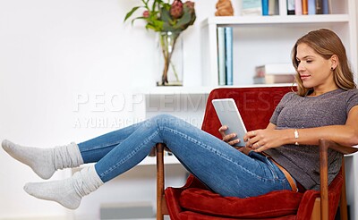 Buy stock photo Movie, relax or woman on tablet in house with internet connection for film, video or research online. Smile, blog and happy girl on social media for technology, streaming and subscription in home
