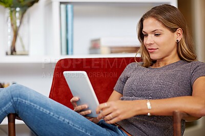 Buy stock photo Movie, streaming or woman on tablet in house to relax with internet connection for film, video or research online. Smile, blog and happy girl on social media and technology for subscription in home