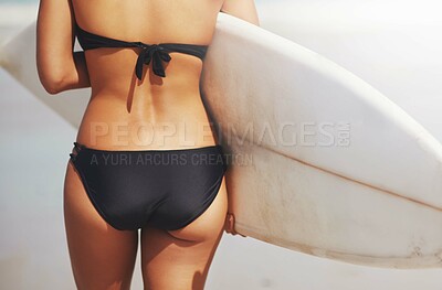 Buy stock photo Closeup, surfer and sunshine, woman, beach and fitness with vacation, water and getaway trip. Bikini, behind and person with surfing, seaside and exercise with holiday, weekend break and summer