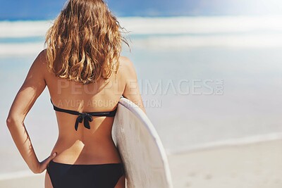 Buy stock photo Girl, back and board for surfing at beach, workout and practice for water sports competition. Female person, holiday and travel to ocean for waves on vacation, sea and exercise in outdoor on island