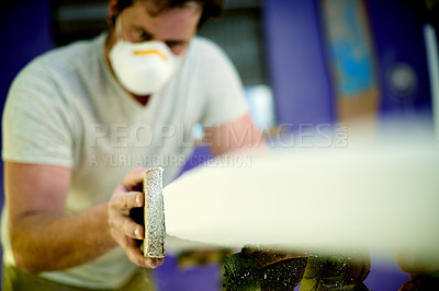 Buy stock photo Sanding, workshop or man with engineering project for manufacturing furniture or surfing equipment. Creative, small business or worker in labor production process for building surfboard in warehouse