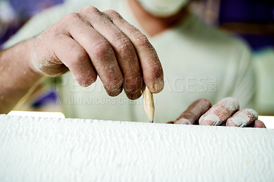 Buy stock photo Craft, surfboard and hands with man in workshop for manufacturing, sports equipment and closeup. Entrepreneur, maintenance and repair with person and pencil for small business and quality assurance