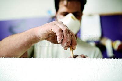 Buy stock photo Hands, pencil and craftsman with foam, surfboard and creativity for skills, talent and hobby. Man, artist and entrepreneur with workshop for design manufacturing and custom work for artisan craft