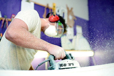 Buy stock photo Carpentry, sander and man in workshop for manufacturing, repairs or timber furniture for business. Industry, equipment and male artisan with tool machine for wood restoration with production.