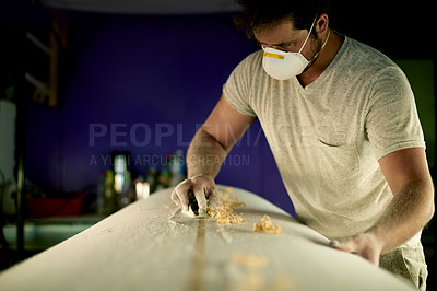 Buy stock photo Manufacturing, scraper and man carpenter in workshop for board restoration, hobby or handcraft. Small business, woodwork and male artisan with tool for timber production project in warehouse.