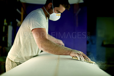 Buy stock photo Sanding, mask or man with woodwork project for manufacturing furniture or surfing equipment. Workshop, small business or creative worker in labor production process to building surfboard in warehouse