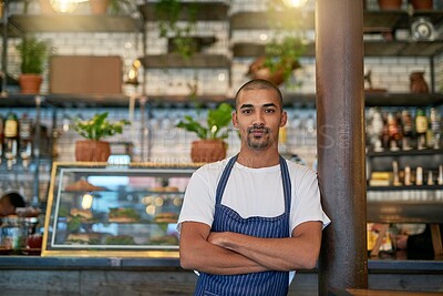 Buy stock photo Portrait, business and Brazilian man at coffee shop with confidence in startup, growth and ownership. Cafe, waiter and smile or satisfied with restaurant progress and investment as entrepreneur