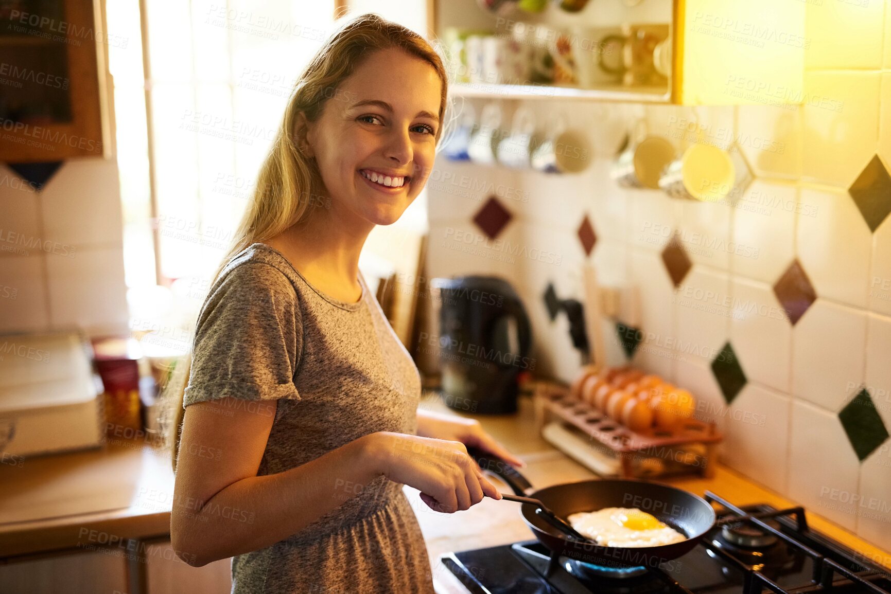 Buy stock photo Portrait, egg or happy woman in kitchen cooking for food, wellness or nutrition for healthy dish. Smile, breakfast or girl in home for lunch meal prep, vegan diet or protein in France on stove or pan