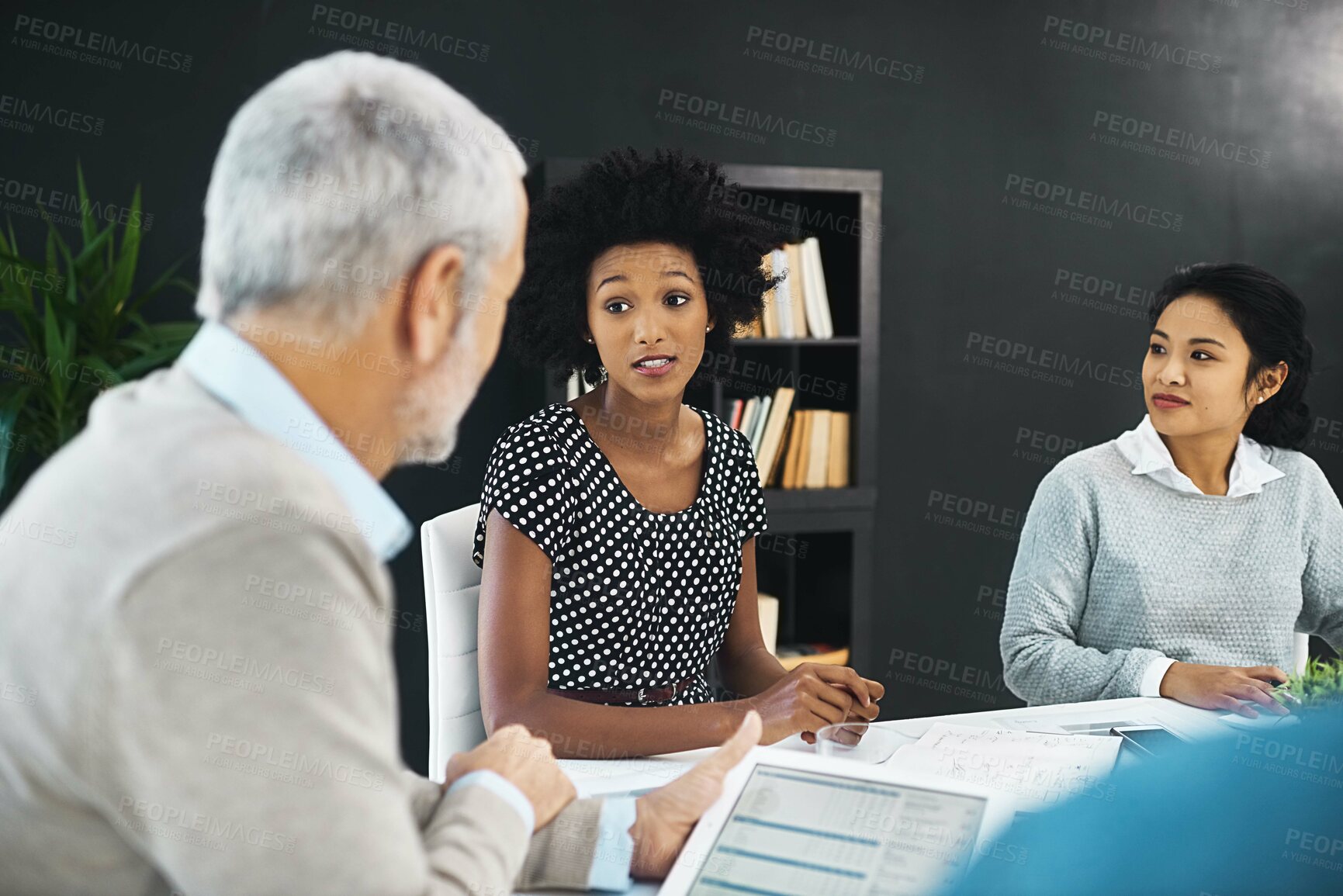 Buy stock photo Business people, meeting and collaboration with tablet in office for planning, discussion and teamwork. Coworkers, notes and tech in boardroom for project, ideas and brainstorming at workplace