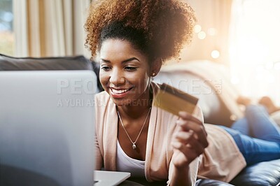 Buy stock photo Credit card, laptop and black woman on sofa for online shopping, internet purchase and payment in home. Ecommerce, fintech and happy person on computer for purchase website, sales and digital banking