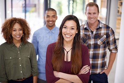 Buy stock photo Portrait, office and business woman with creative team, startup and about us at design studio. Happy, smile and collaboration of leader, employees and workers with diversity of interior designers