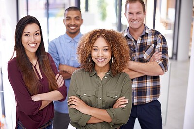 Buy stock photo Portrait, office and business woman with creative team, startup and about us at design studio. Happy, smile and collaboration of trust, employees and staff with job diversity of interior designers