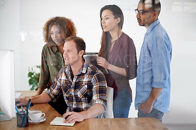 Buy stock photo Business people, teamwork and computer with cooperation, conversation and brainstorming for project, planning and ideas. Mentor, group and staff with pc, collaboration and coaching with professional