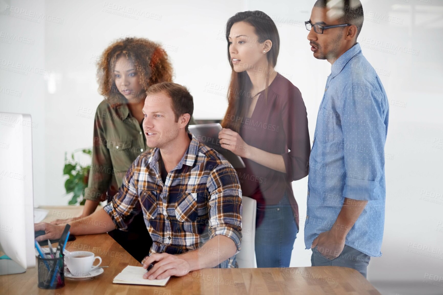 Buy stock photo Business people, teamwork and computer with cooperation, conversation and brainstorming for project, planning and ideas. Mentor, group and staff with pc, collaboration and coaching with professional