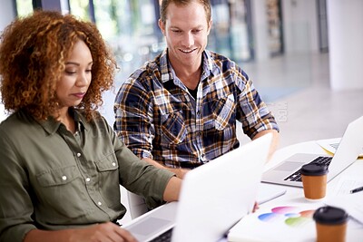 Buy stock photo Teamwork, office and work or coaching or laptop, business meeting and coworkers for web design or online project. Collaboration, together and technology for research information, company or review