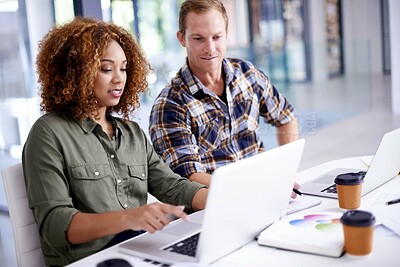 Buy stock photo Coworkers, teamwork and working on laptop in office, business meeting and employee for web design or online project. Collaboration, together and technology for research information, company or review