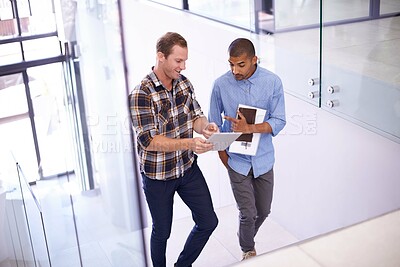 Buy stock photo People, employees and office with tablet on stairs for online research, ideas and creativity as graphic designers. Teamwork, collaboration and internet for networking and communication and discussion
