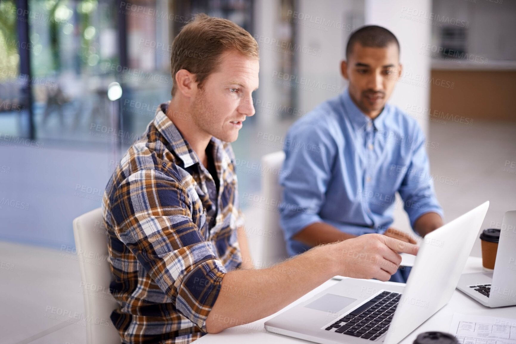 Buy stock photo Office, businessman and pointing on laptop with connection issue, update problem or website glitch. Business people, colleague or software developer with computer for internet or network inspection