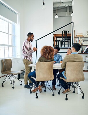 Buy stock photo Teamwork, meeting and business people in creative agency for collaboration with diversity. Men, women and leadership or project management in workplace for planning and strategy for job in New York