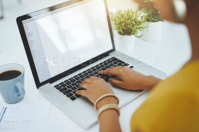 Buy stock photo Screen, journalist or hands of woman on laptop in office for research, editing and creative media. Small business, news story or writer with technology for publication website, startup or blog update