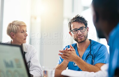 Buy stock photo Hospital, group and doctors in meeting, healthcare and conversation for surgery schedule, teamwork and research. Review, medical and professional with communication, feedback and wellness in clinic