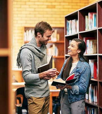 Buy stock photo People, students and library discussion with books, happy and campus for learning or university education. Conversation, academic scholarship and collaboration, exam preparation and college thesis