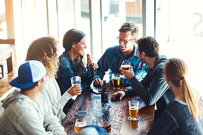 Buy stock photo Bar, talking and group with alcohol to enjoy, break and fun in weekend, beer and glass with drink. Happy hour, celebration and people with cocktail, relax and friends with joy in club for New Year