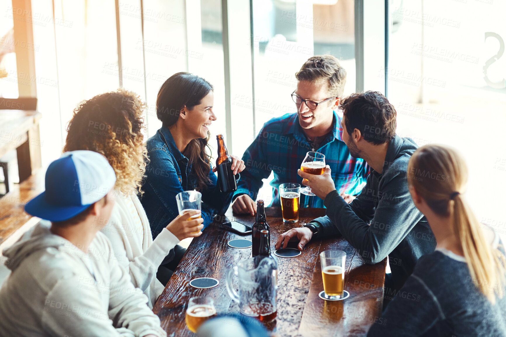 Buy stock photo Bar, talking and group with alcohol to enjoy, break and fun in weekend, beer and glass with drink. Happy hour, celebration and people with cocktail, relax and friends with joy in club for New Year