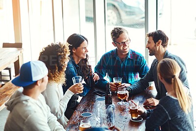 Buy stock photo Bar, talking and group with alcohol to enjoy, break and fun in weekend, beer and glass with drink. Happy hour, celebration and people with cocktail, relax and friends with joy in club for New Year